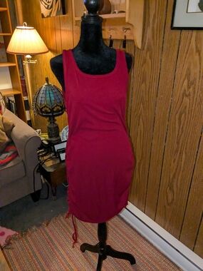 Red Sleeveless Tank Dress, Adjustable Ruched Sides